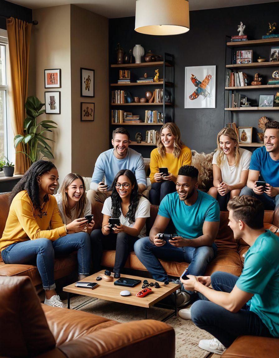 A vibrant and colorful scene depicting a diverse group of friends playing various online games together on their devices, showcasing expressions of joy and excitement. Include elements like gaming consoles, laptops, and mobile devices, intertwined with game icons and symbols that represent different genres, all set in a cozy living room environment. The atmosphere should feel warm and inviting, emphasizing camaraderie and fun. super-realistic. vibrant colors. warm tones.
