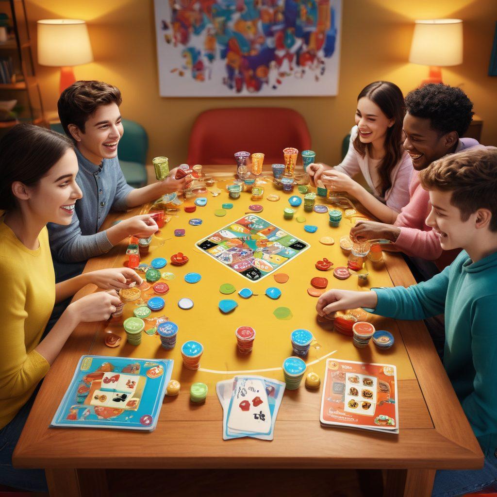 A joyful scene depicting friends and family gathered around a colorful game table, laughter filling the air. Showcase a diverse group of people of different ages engaged in various interactive games, with playful expressions and animated gestures. Include vibrant game pieces, cards, and a cozy, inviting atmosphere with warm lighting and snacks. Illustrate a backdrop of banners creatively showcasing the top 10 games, incorporating elements of fun and togetherness. vibrant colors. 3D. cheerful atmosphere.