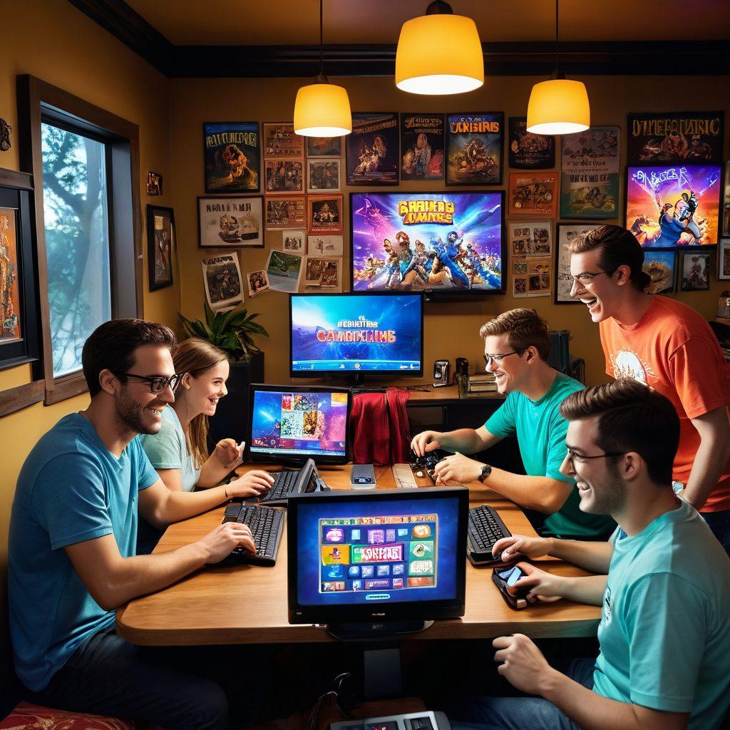 A lively scene featuring friends and family gathered around a computer, intensely playing browser games together, laughter and excitement on their faces. The room is filled with colorful gaming posters, snacks, and drinks, creating a fun and casual atmosphere. A large screen displays various game graphics, showcasing adventure, puzzle, and strategy themes. Vibrant colors, dynamic expressions, and a warm, inviting environment bring the concept of entertainment and togetherness to life. super-realistic. vibrant colors. cozy setting.